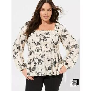 Torrid Peasant Blouse Size 2 Smocked Waist Long Sleeve Floral Black White